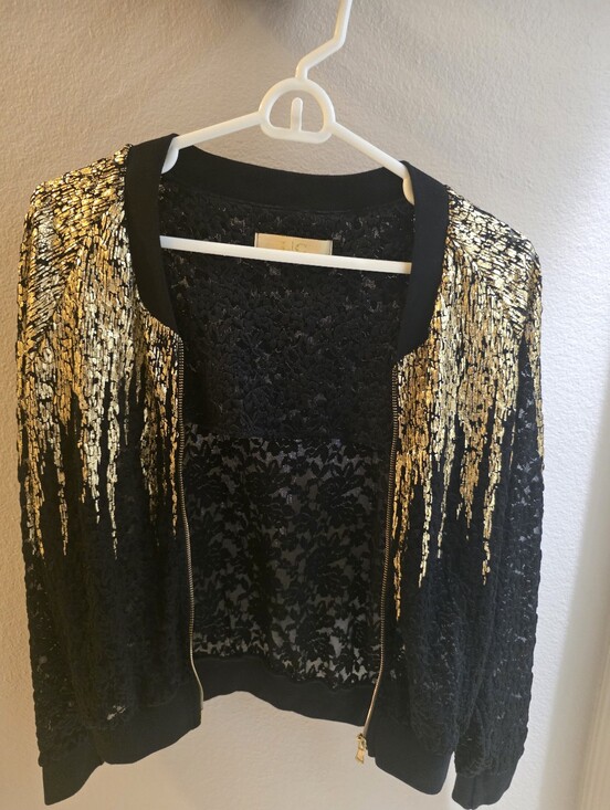 Jackets & Blazers - LIZZETE COLLECTION Black Lace Bomber Jacket with Gold Sequin Drip Detail M